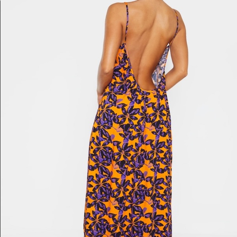 Orange Shadow Leaf Low Back Oversized Maxi Beach Dress